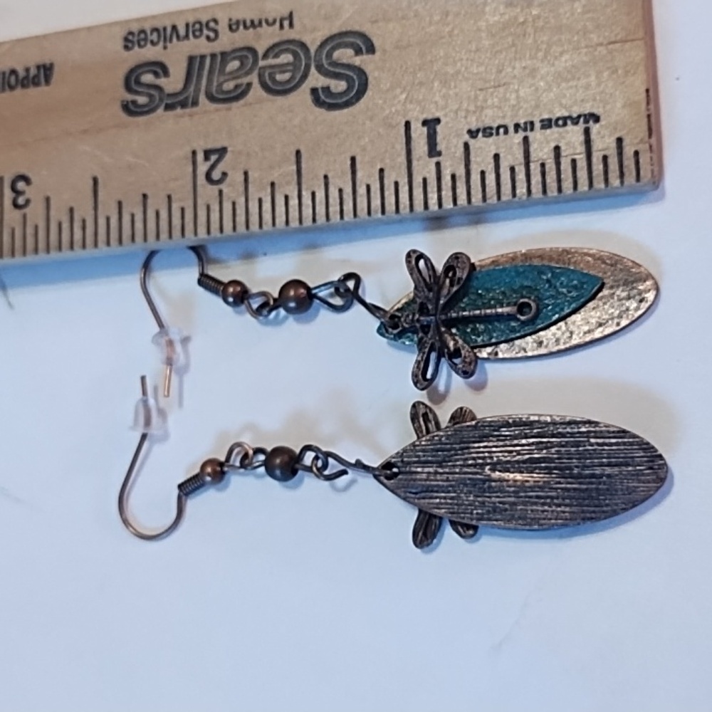 New Dragonfly Dangle Earrings in Copper and Teal - Picture 3 of 4